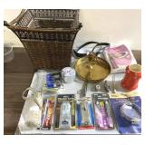 Basket of brass, locks, lightbulbs more