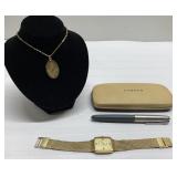 Vintage Parker pen, religious necklace, Wittnauer