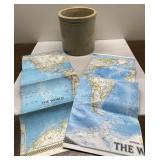 Antique crock & vintage maps