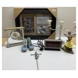 Vintage candleabra, clock, praying cross, digital