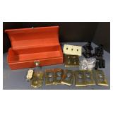 Toolbox with vintage brass light plates & more
