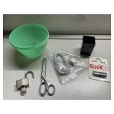 Vintage Tupperware, padlock, scissors more