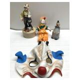 Vintage clown figures, doll, music box & mask