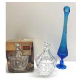 Lead crystal candy dish & vintage blue vase