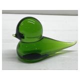 Small vintage green art glass bird paperweight