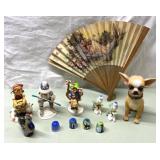 Painted hand fan, bobble head, thimbles & more