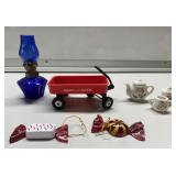 Miniature Radio Flyer, oil lamp, tea set & glass Miniature Radio Flyer, oil lamp, tea set & glass
