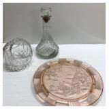 Pink depression glass plate, decanter & lead Pink depression glass plate, decanter & lead