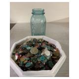 Antique blue Mason Jar filled with buttons Antique blue Mason Jar filled with buttons