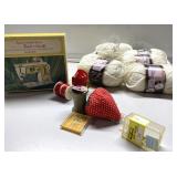 Box of vintage sewing, yarn, pin cushion more Box of vintage sewing, yarn, pin cushion more