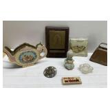 Precious Moments, tiny tea set in box, copper bell Precious Moments, tiny tea set in box, copper bell