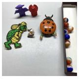Vintage tin ladybug Japan, patch, marbles more Vintage tin ladybug Japan, patch, marbles more