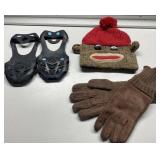 Shoe grips for snow, sock monkey hat & gloves Shoe grips for snow, sock monkey hat & gloves