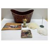 Metal basket, figurine, shells more