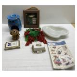 Vintage items-stickers, shadow box, milk glass &