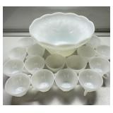 Vintage milk glass grape pattern punch bowl & cups