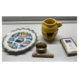 Vintage items-brass, cards, wood holder more