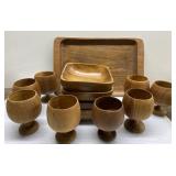 Vintage wood tray, bowls & cups