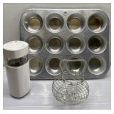 Muffin tin, egg basket & grinder