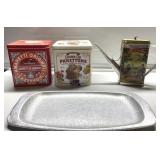 Empty tins & vintage West Bend tray