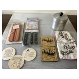 Mid century mod Grease canister, embroidered items Mid century mod Grease canister, embroidered items