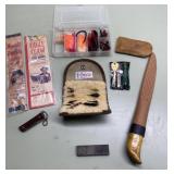 Fly fishing lures in case, knife, tackle box more Fly fishing lures in case, knife, tackle box more