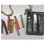 SMALL vintage kids flatware & tray and clothespins SMALL vintage kids flatware & tray and clothespins