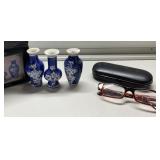 Porcelain vases in box & reading glasses 2.00 Porcelain vases in box & reading glasses 2.00