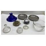 Misc vintage glass lids, oil lamp pieces & more