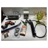 Tools, batteries, power strip, vintage glasses &