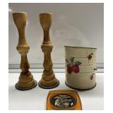 Antique wood candlesticks, flour sifter & more