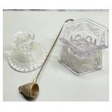 Antique glass candle holders & snuffer
