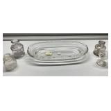 Antique glass tray, bottle & eye wash