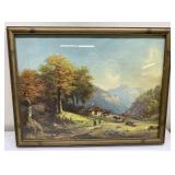 Antique farmer & cows litho framed 13x17"