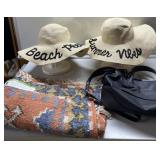 Tapestry rug, beach hats & London Fog purse-heads