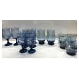 Vintage blue glass etched glass set