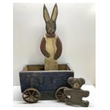 TOYS Wood wagon, rabbit & teddy bear