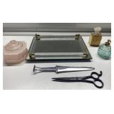 Mirrored vanity tray, antique perfume & powder & Mirrored vanity tray, antique perfume & powder &