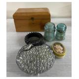 Wood box, antique insulators, tin, glass rocks & Wood box, antique insulators, tin, glass rocks &