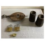 Antique hanging weights, stove piece & padlocks Antique hanging weights, stove piece & padlocks