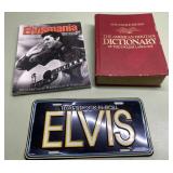 Elvis license plate, book & a dictionary Elvis license plate, book & a dictionary