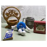 Wood basket, M&M plush, coasters, water can more Wood basket, M&M plush, coasters, water can more