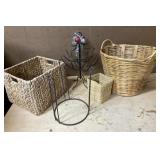 Wicker baskets, metal Christmas tree & plant stand Wicker baskets, metal Christmas tree & plant stand