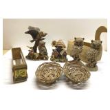 Owls & birdhouse figurine, wood & wicker baskets & Owls & birdhouse figurine, wood & wicker baskets &