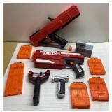 Toy guns, sling shot, accessories