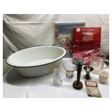 Enamelware pan, tableclothes, more