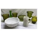 Art glass, green glass & milk glass
