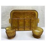 Vintage amber glass tray & candle holders