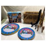 Easels, basket, burner covers, VHS set