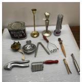 Vintage candlesticks, flashlight, tin, kitchen &